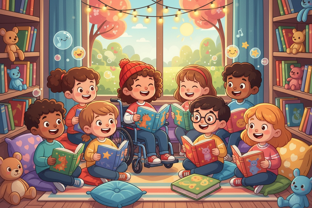 a group of young kids reading cartoon style one in a wheelchair